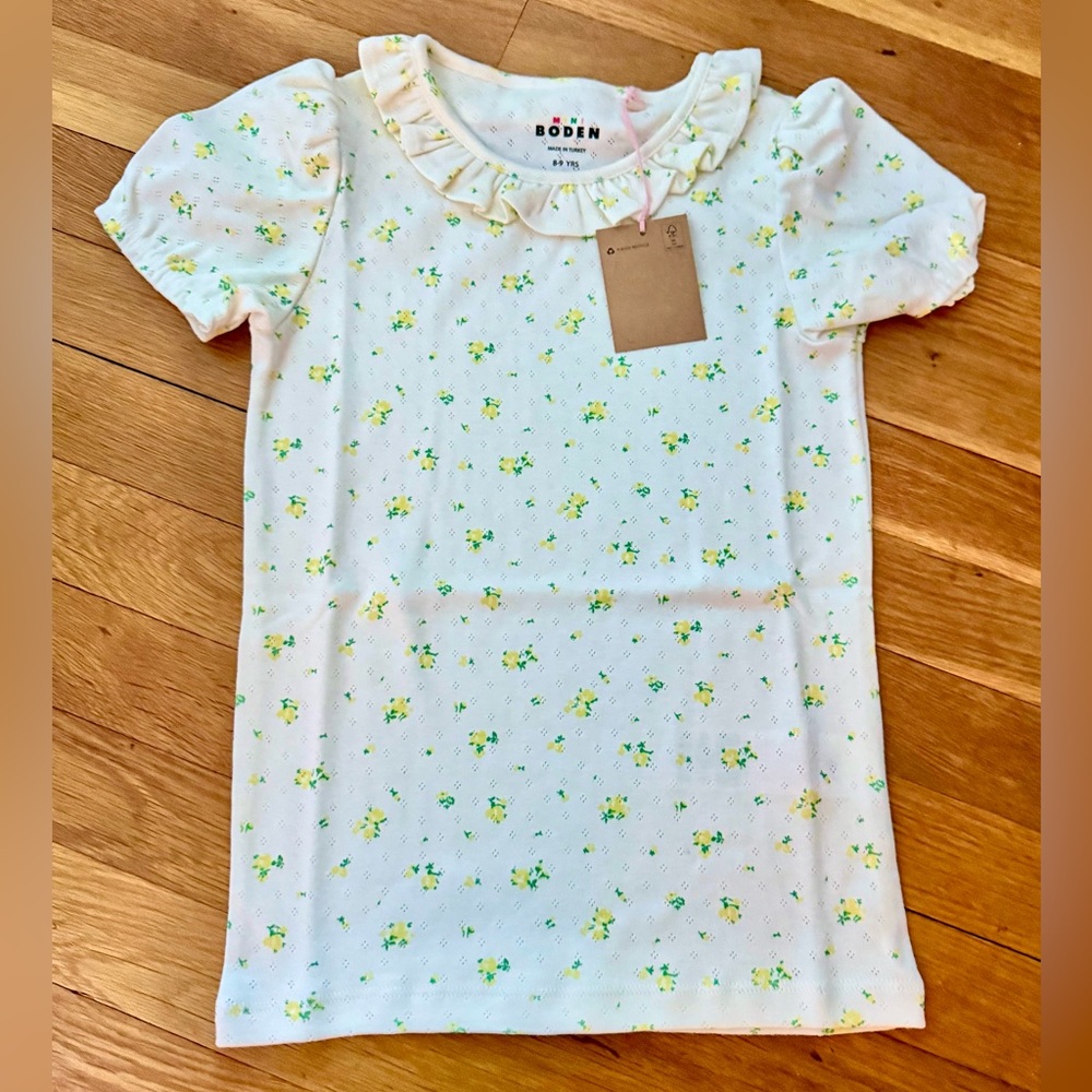 Mini Boden Girls’ 8-9Y Short Sleeve Ruffle Pointelle Top Rosebud Floral